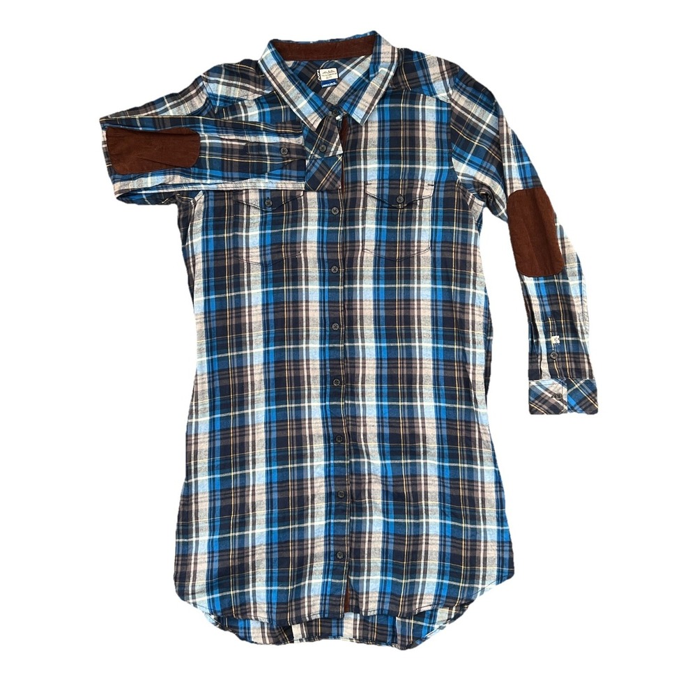 KAVU Plaid Shirt Dress XL Flannel Western Elbow Patch Tunic Button Gorpcore Blue